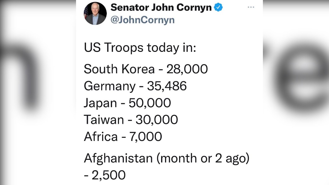 共和黨議員搞烏龍，指在台美軍有3萬。（圖／翻攝自John Cornyn推特）