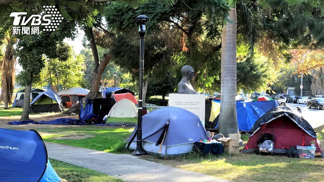 圖為Echo Park在疫情期間200多個遊民帳棚聚集的情況。（圖／中央社）
