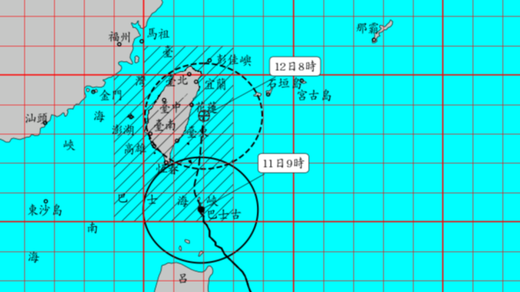 強烈颱風璨樹暴風圈即將接觸台灣陸地，陸上警戒範圍擴大。（圖／TVBS）
