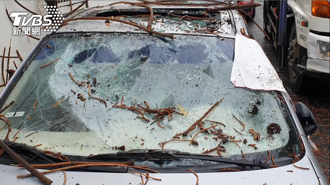 中颱璨樹風勢劇烈，路樹倒塌，銀色轎車前擋風玻璃硬生生被砸碎。（圖／TVBS）