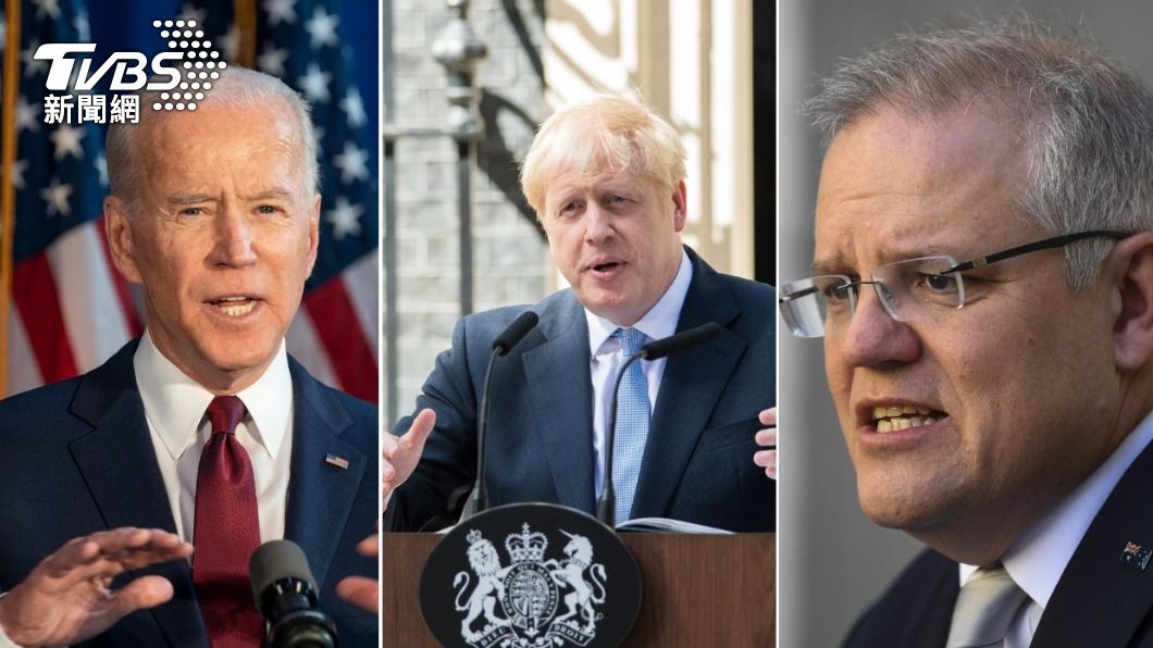 美國總統拜登（左）、英國首相強森（中）、澳洲總理莫里森（右）。（合成圖／shutterstock達志影像）