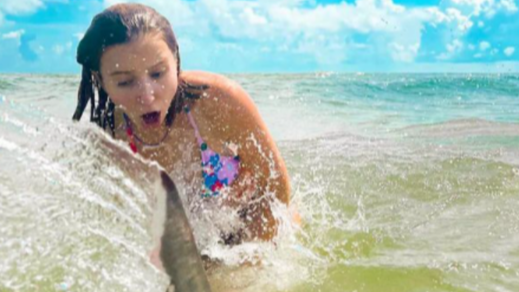 美國一名少女在海中拍照時遇見鯊魚。（圖／翻攝自nsbinlet IG）