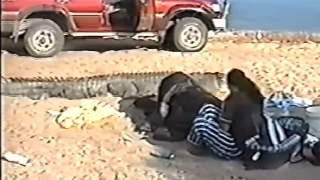 勇嬤上前與鱷魚廝殺。（圖／翻攝自《GT BUSTER》YouTube） 壯男遭血咬拖走！61歲嬤飛奔「騎上4.2m巨鱷」擊殺