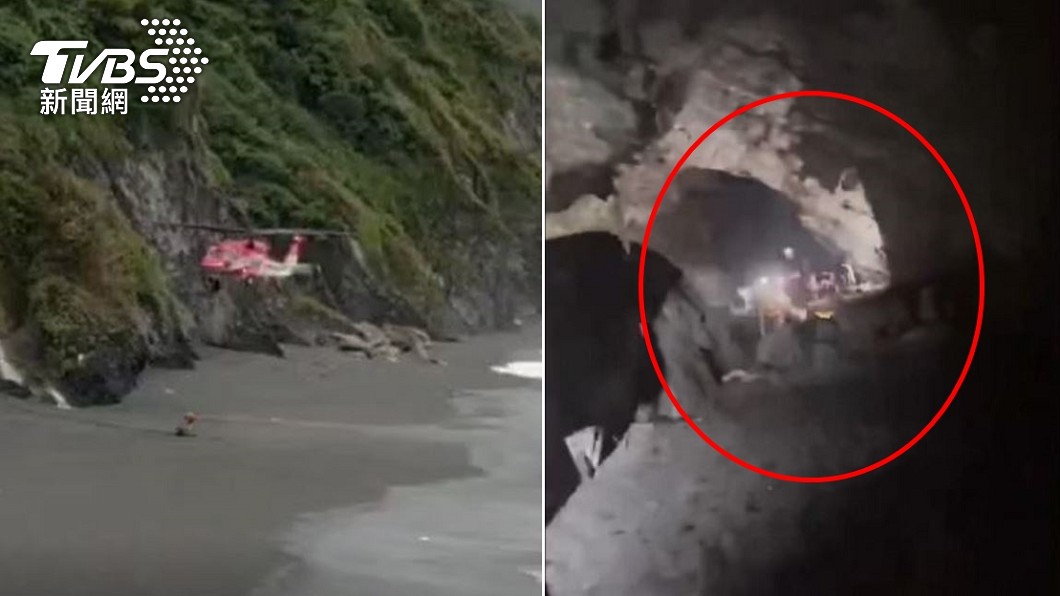 16人受困南澳鄉神秘沙灘海蝕洞，出動直升機分兩批次救出。（圖／TVBS）
