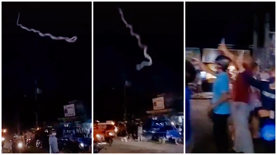 菲律賓鬧區日前出現有巨蛇盤踞空中的詭異情況。（合成圖／翻攝自TikTok）
