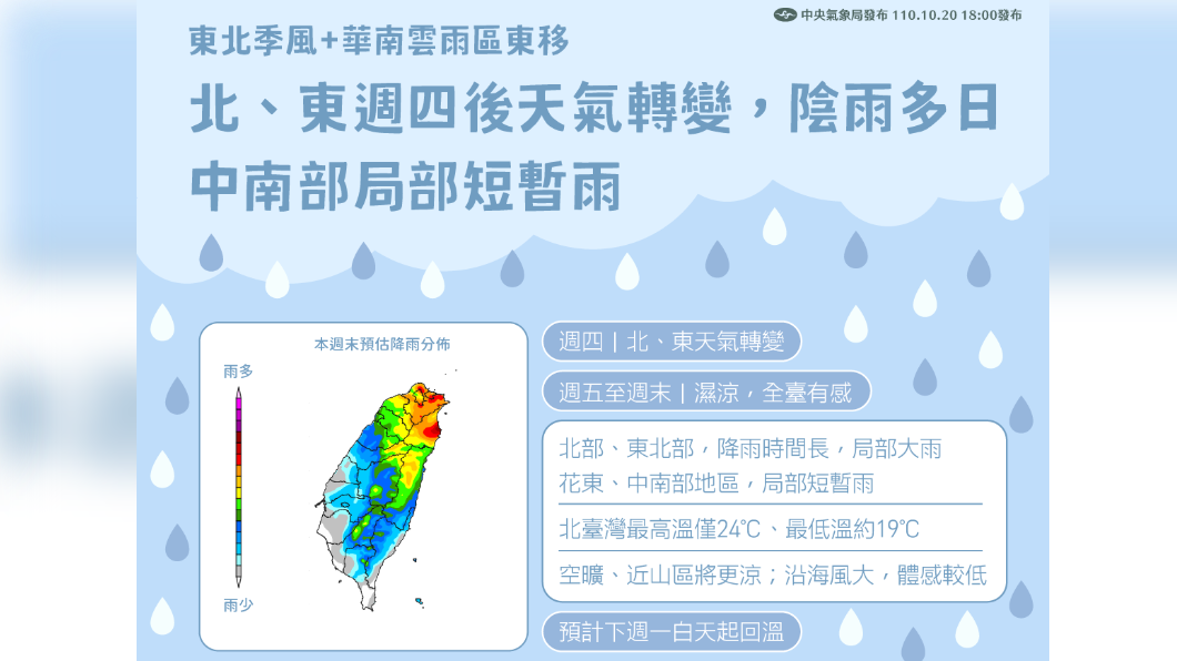 圖／中央氣象局 東北季風今起增強　台北低溫下探19度防大雨
