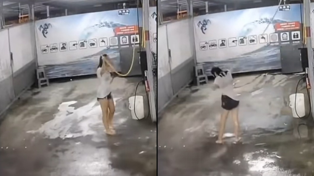 一名女子在洗車場洗澡。（圖／翻攝自爆廢公社二館）