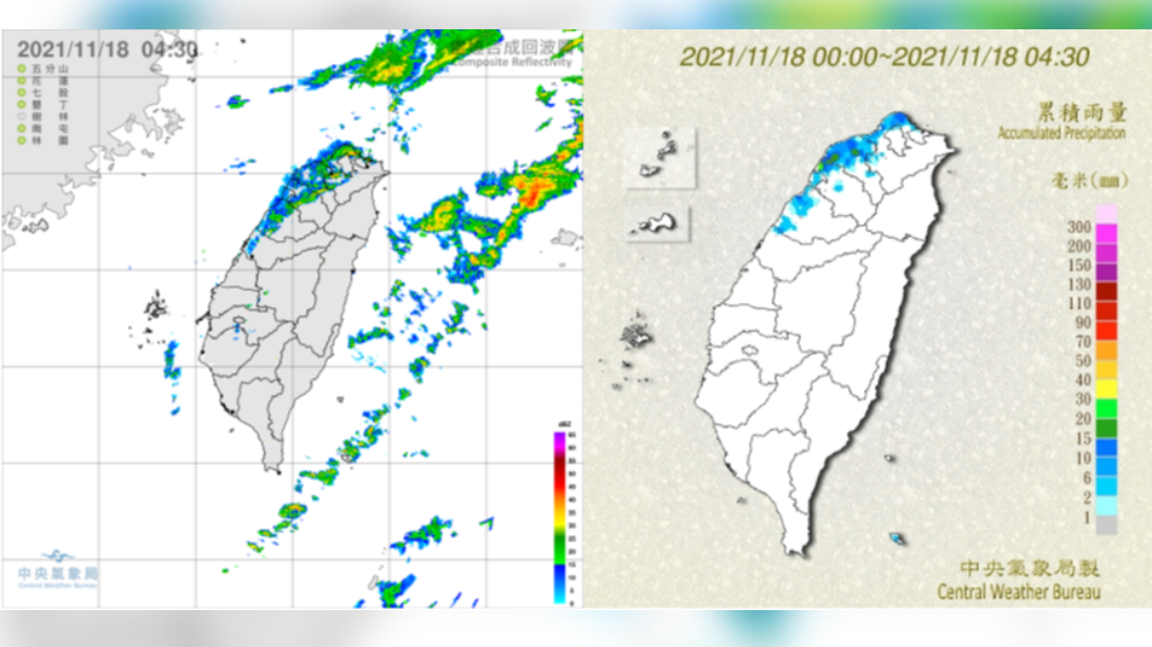 The composite image of the radar echo at 4:30 am today (18) shows that there is echo generation along the coast north of Taichung (left picture); there is rainfall along the coast north of Taichung (right picture).  (Photo/Retrieved from "Xietianji Classroom") It's raining!  Strong cold air hits the most freezing next week, down to 12 degrees time exposure