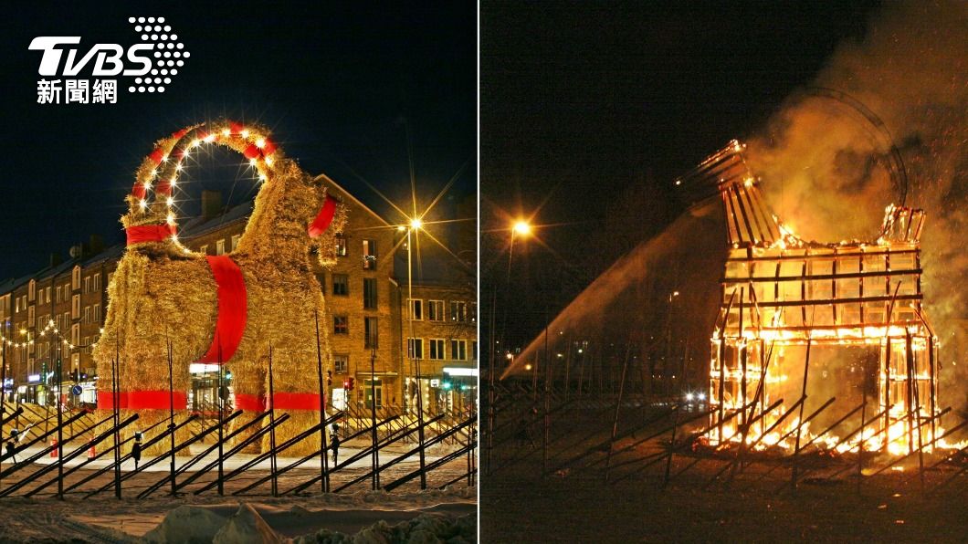 瑞典耶誕節經典象徵「耶夫勒羊」遭燒毀。（圖／達志影像美聯社）