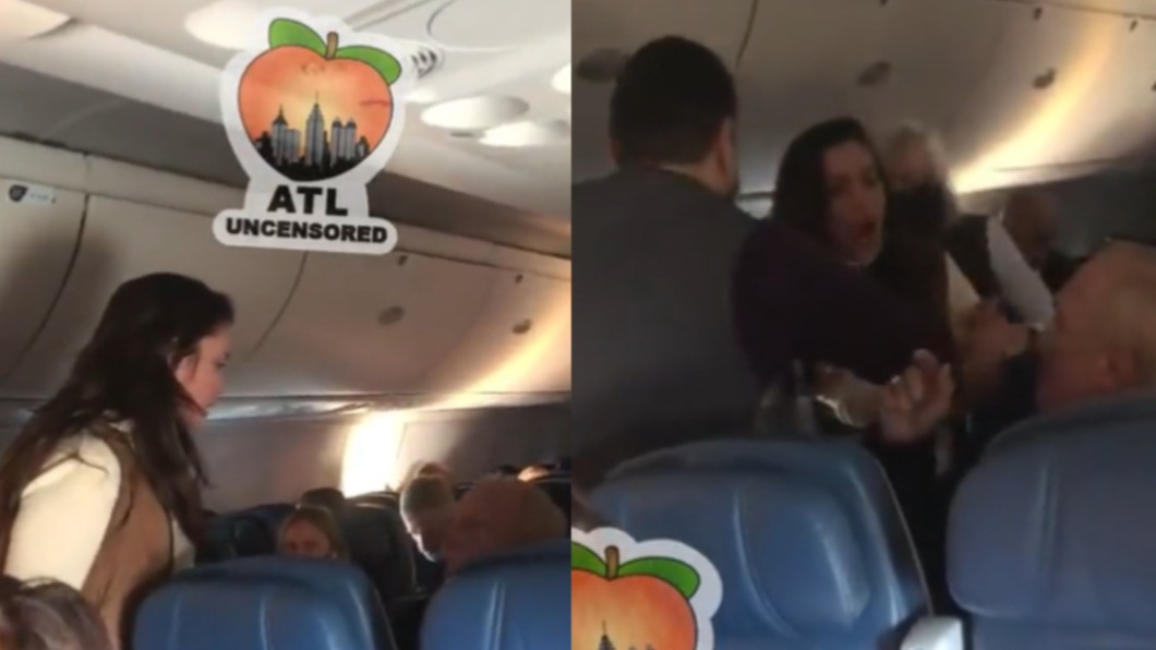 女子不滿老人在機艙沒戴口罩憤而提醒。（圖／翻攝自@ATLUncensored推特）