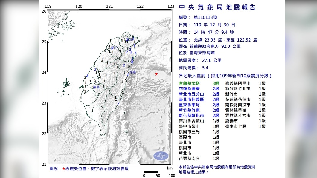 12月30日14：47發生有感地震。（圖／中央氣象局）