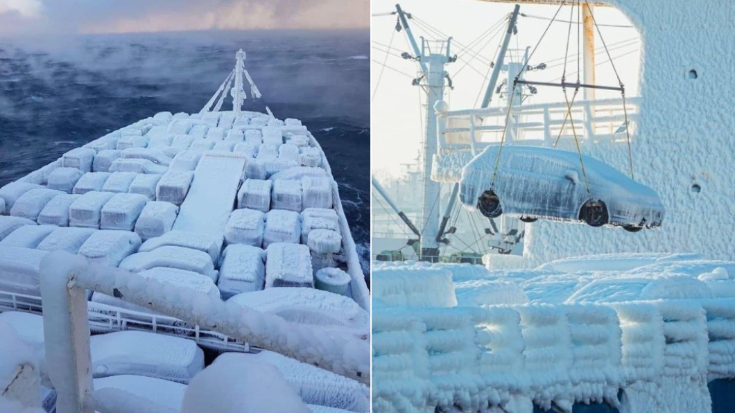 停靠在貨船甲板上的車輛全被雪白的冰霜覆蓋住。（圖／翻攝自 Khushmir Khan 推特 @Khann_Khushmir）