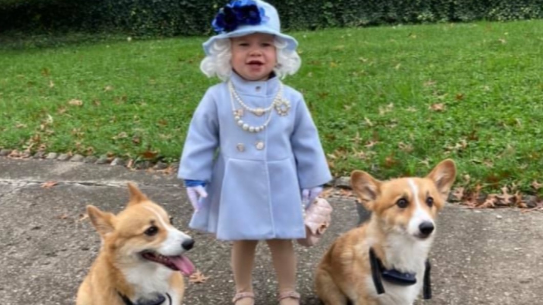 美國1歲女童薩瑟蘭打扮得跟英國女王一樣。（圖／翻攝自Katelyn Jalayne Sutherland臉書）