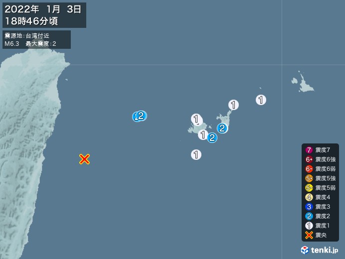 台灣3日下午地震，日本沖繩縣也感受到搖晃。（圖／翻攝自tenki.jp）