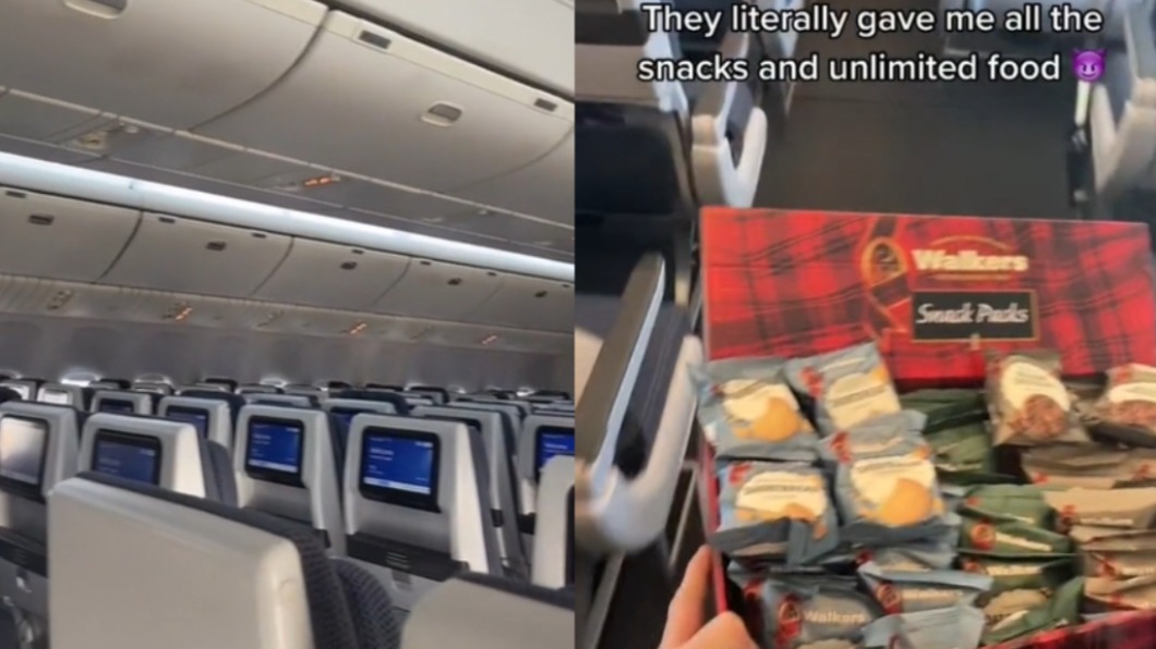 男子搭到無人班機，還有整箱零食吃到飽。（圖／翻攝自kaiforsyth TikTok）