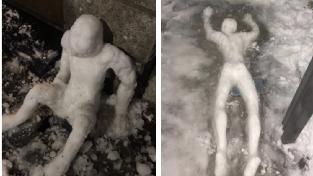 網友自製的雪人激似「柯南裡凍死的犯人」。（圖／翻攝自maidonanews）
