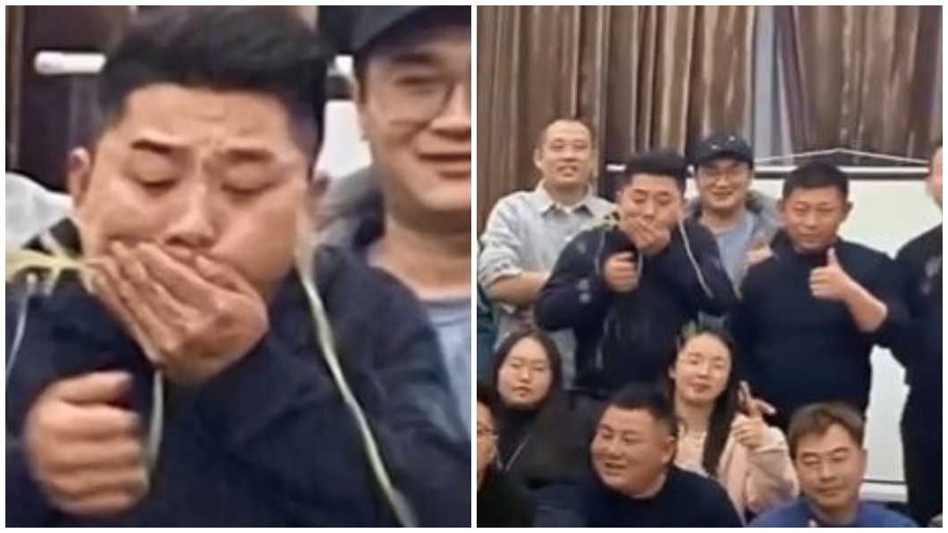 江蘇泰州某公司舉辦尾牙，一名男子疑似喝過頭狂嘔吐前方女同事遭波及。（合成圖／翻攝自星視頻YouTube）