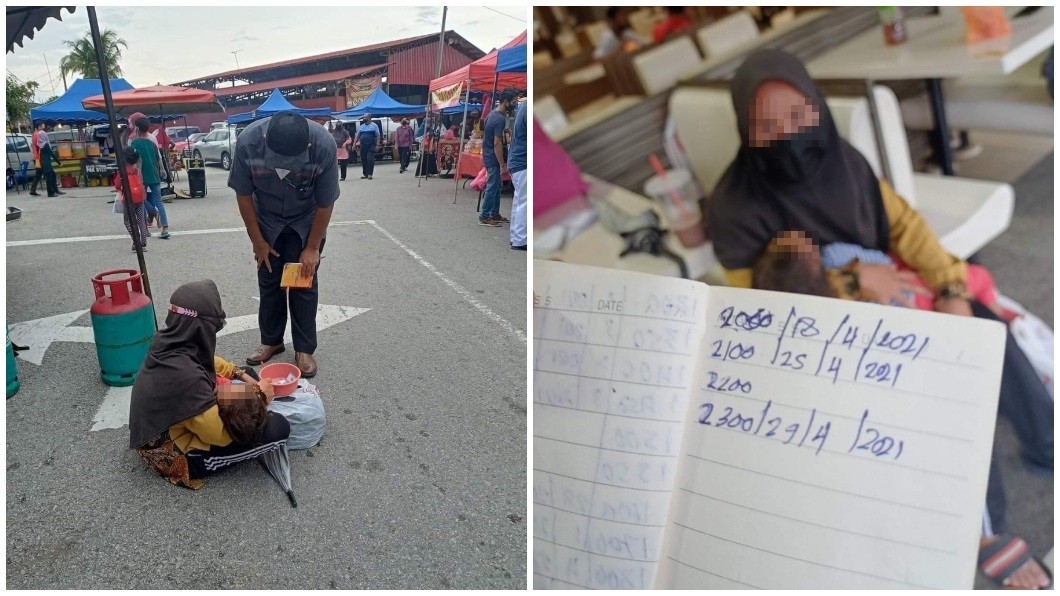 大馬一名男網友分享日前在某菜市場發現女街友乞討日賺2300令吉。（合成圖／翻攝自臉書Alhamdulillah Syukur）