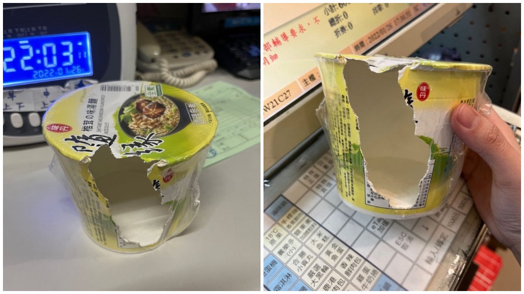有網友分享日前整理公司倉庫時發現泡麵被老鼠啃食得超乾淨。（圖／翻攝自Dcard）
