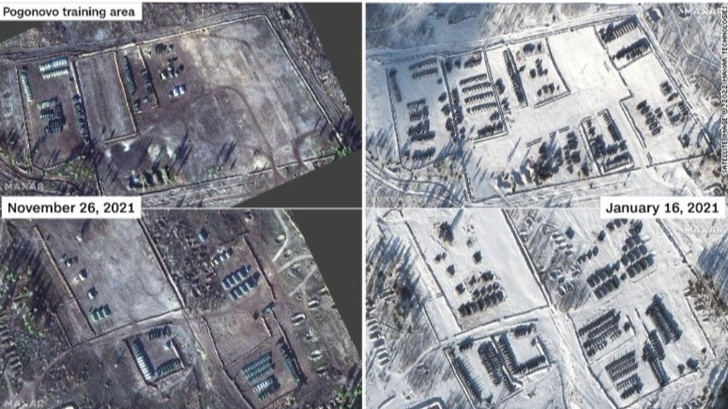 俄羅斯Pogonovo訓練場可以看到坦克、大砲、帳篷數量明顯比去年11月多。(圖／翻攝Maxar)