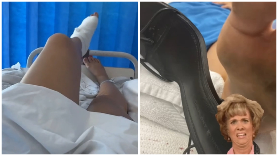 澳洲一名女子日前不幸被高跟鞋插進去左腳底板。（合成圖／翻攝自TikTok）