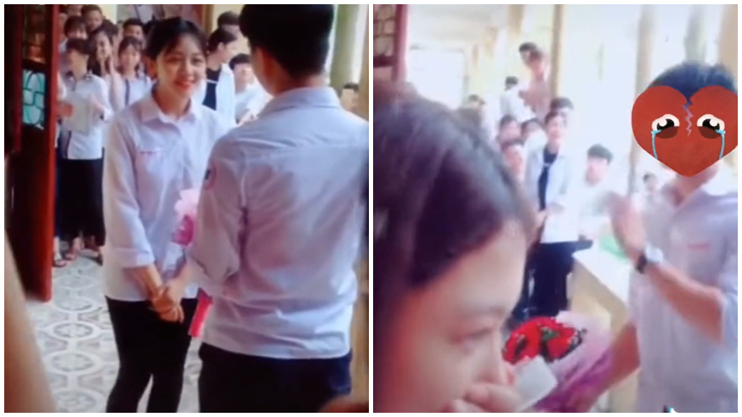越南一名男同學日前向心儀女同學告白遭拒的影片在抖音上爆紅。（合成圖／翻攝自TikTok）