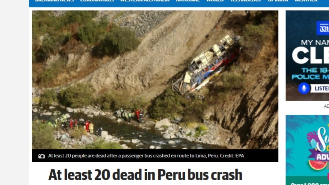 秘魯一輛巴士墜谷。（圖／翻攝自PerthNow網站）