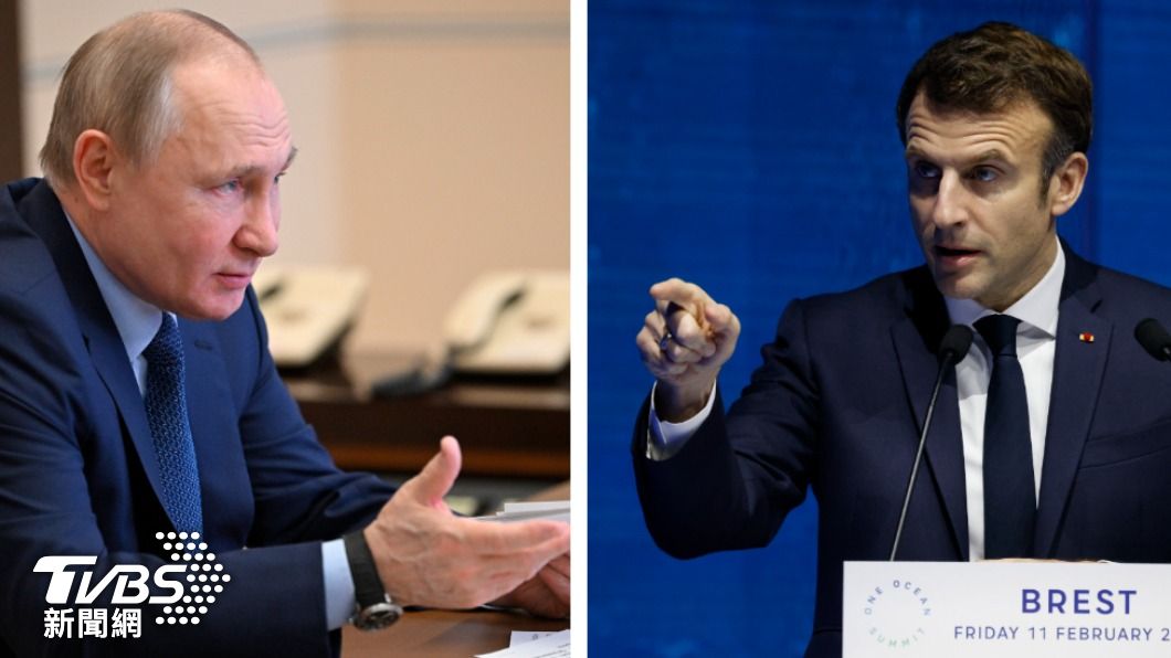 俄羅斯總統普欽（左）與法國總統馬克宏（右）通話。（合成圖／達志影像美聯社）