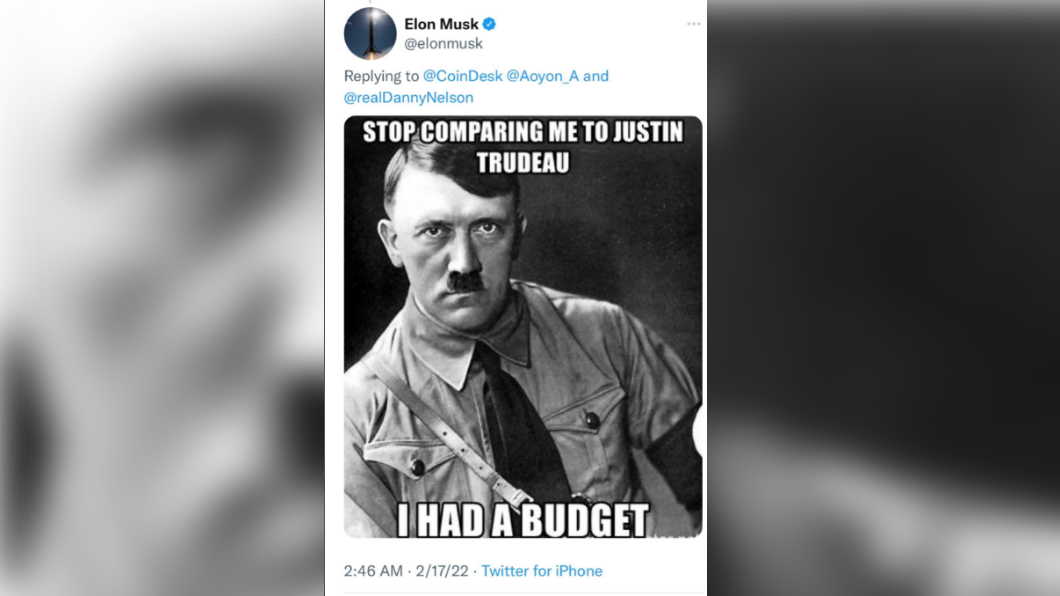 全球首富馬斯克在推特使用希特勒哏圖，嘲諷加國總理，遭到猶太團體砲轟。（圖／翻攝自ListComesForAll推特）