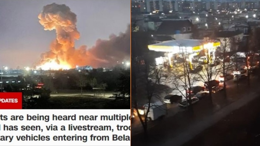 烏克蘭人擠爆加油站，基輔城內遭到轟炸。（圖／翻攝自《CNN》、推特）