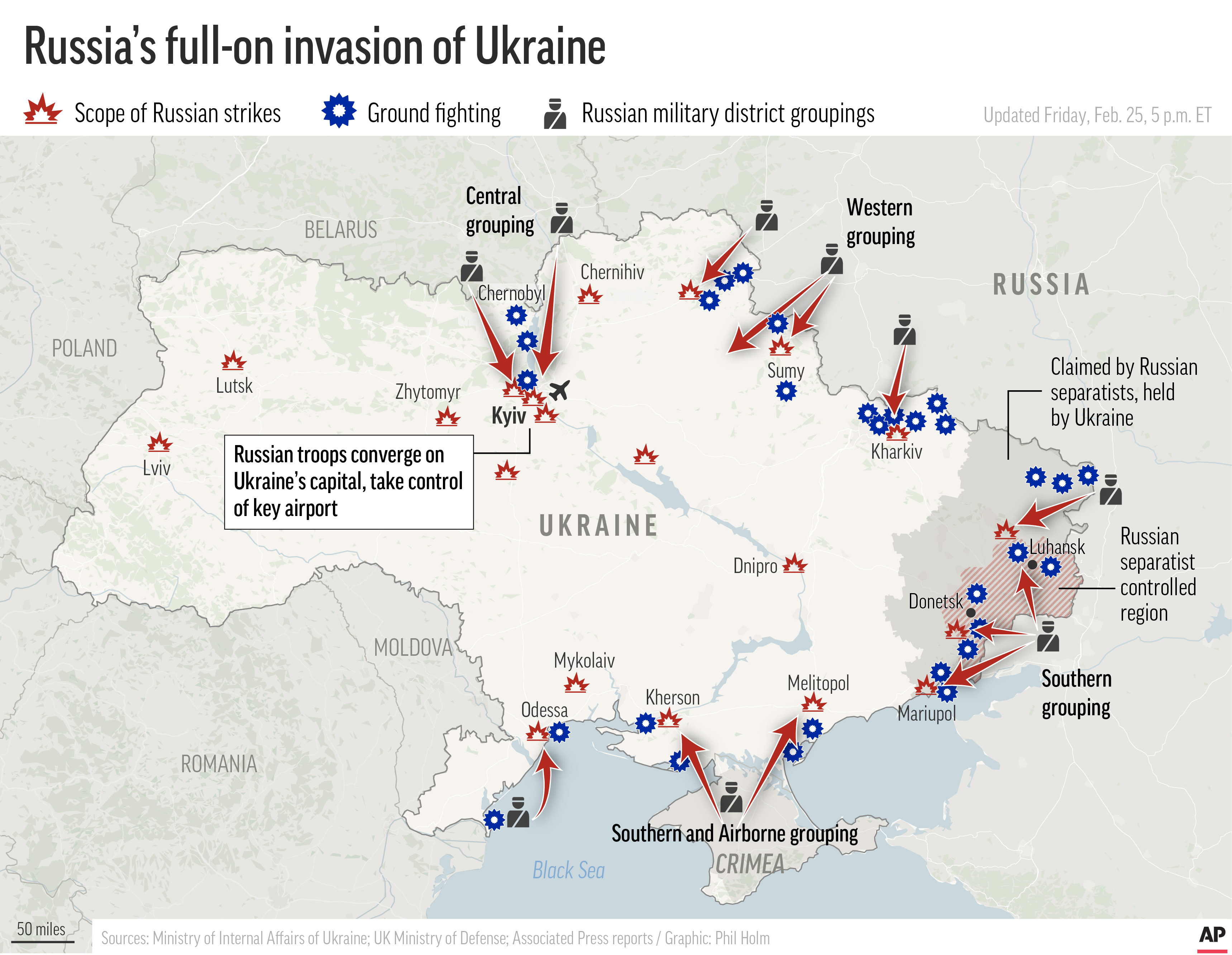 美聯社統整俄羅斯軍隊入侵烏克蘭路線。（圖／達志影像美聯社）