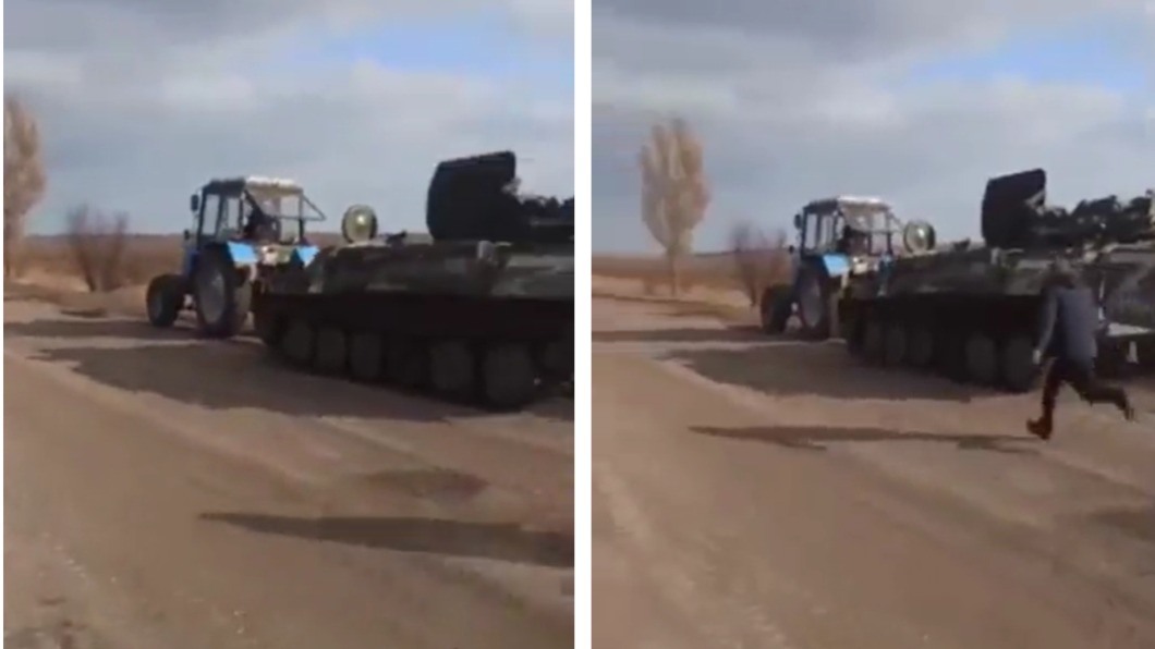 疑似有一名烏克蘭農民用曳引機偷走俄軍的裝甲車。（圖／翻攝自@OSICnick推特）