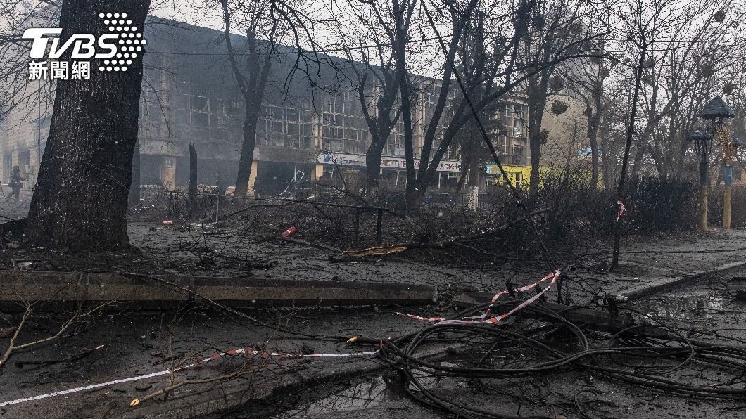 基輔電視塔被轟炸，現場一片焦黑。（圖／達志影像歐新社）