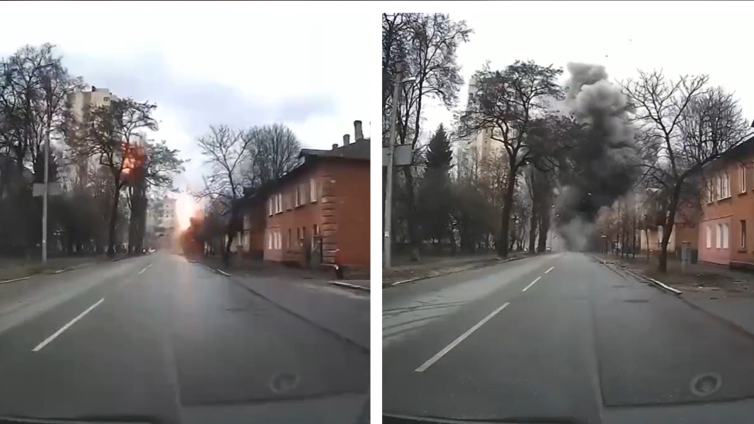 行車紀錄器拍下俄軍飛彈擊中公寓的畫面。（圖／翻攝自BenDoBrown推特）