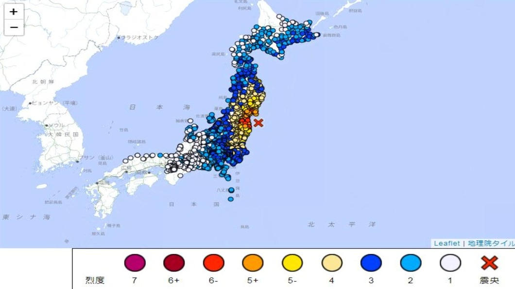 日本昨（16）日深夜發生規模7.4強震。（圖／日本氣象廳）