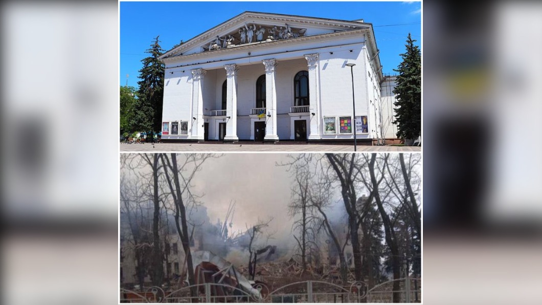 圖為烏克蘭外長在推特貼出劇院遭轟炸前後的對比圖。（圖／翻攝自Dmytro Kuleba推特）