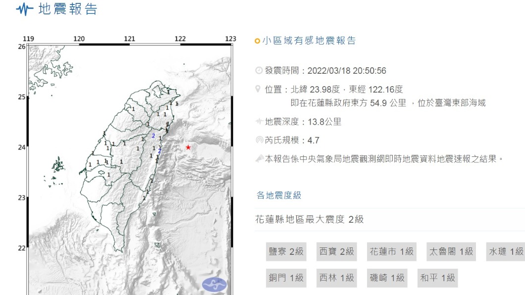 台灣東部外海18日晚間8時52分發生規模4.7地震。（圖／翻攝自氣象局）