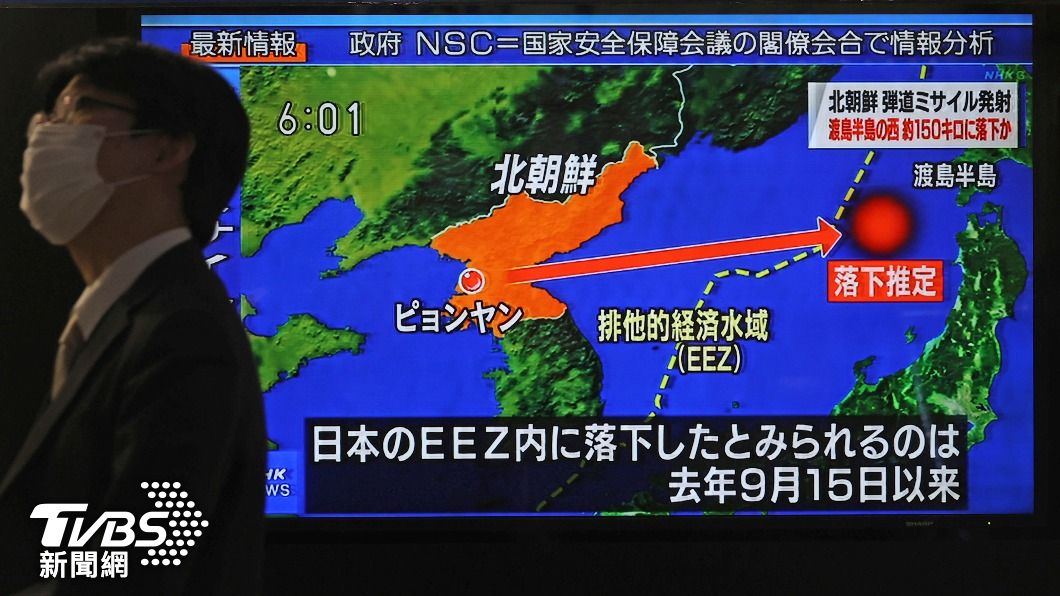 北韓發射的彈道飛彈墜入日本經濟海域。（圖／達志影像美聯社）