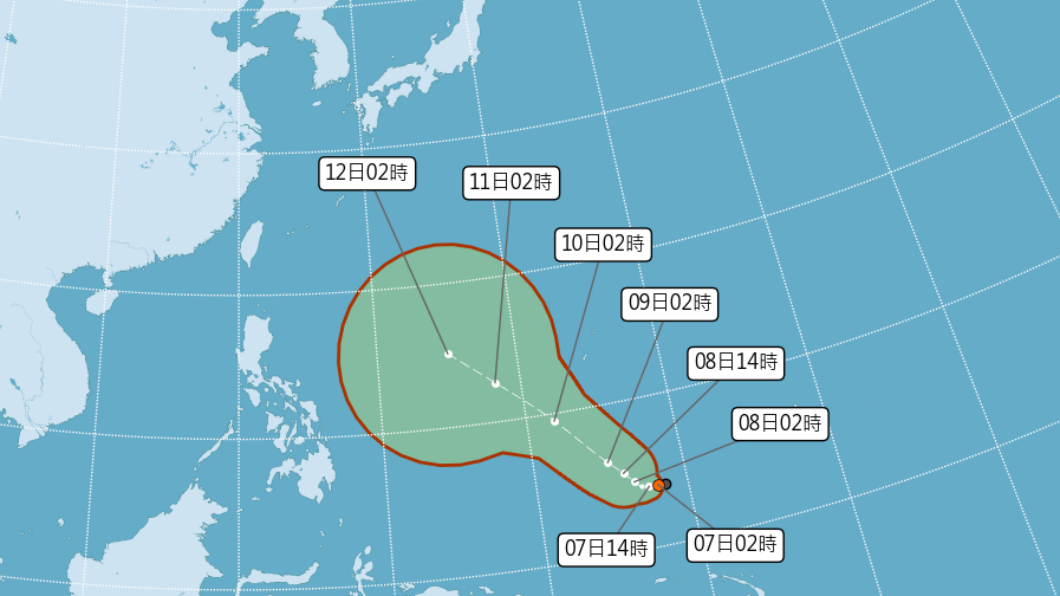 距離台灣3500公里處的熱帶性低氣壓最快會在今晚升級颱風馬勒卡。（圖／氣象局提供） 今年第一個颱風馬勒卡最快今晚形成！下週「2天」最接近台灣
