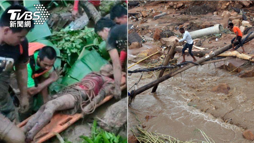 菲律賓救援人員救出全身沾滿泥巴的生還者（左）、南非民眾冒險涉水（右）。（圖／達志影像美聯社）