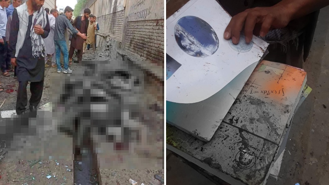 爆炸現場恐怖畫面曝光，學生教科書沾染血跡。（圖／翻攝自Defence Journalist Sahil 推特 @DefenceSahil）