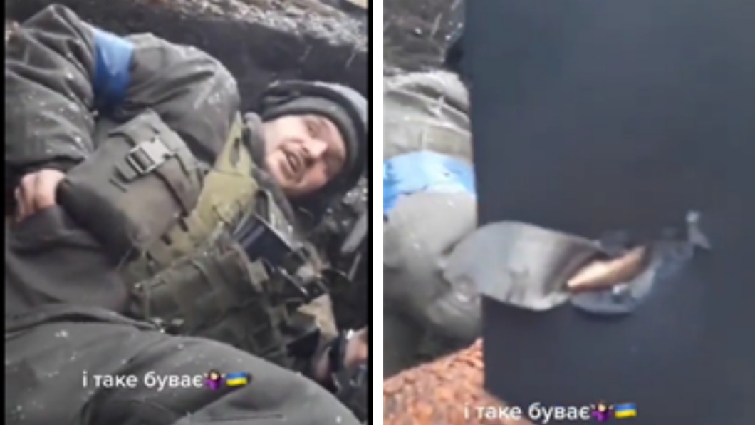 烏克蘭士兵疑似靠手機擋子彈的影片瘋傳。（圖／翻攝自推特）