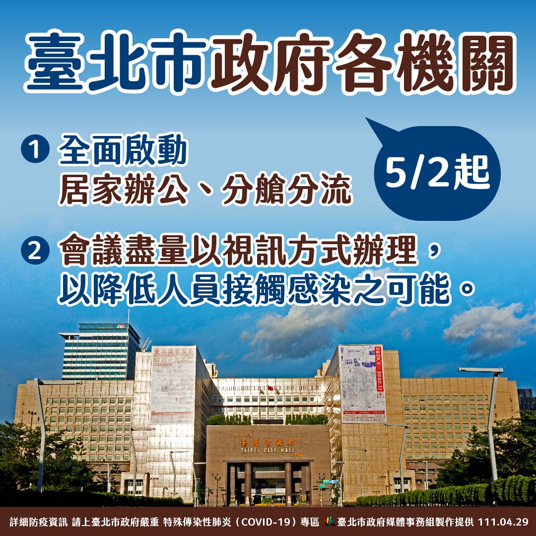 北市府5月2日起，啟動居家辦公。（圖/北市府提供）