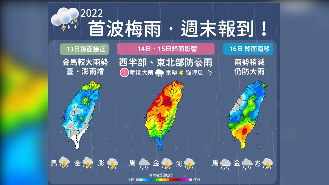 圖／中央氣象局 今全台陣雨或雷雨　週休雨勢加劇氣溫下降　下週二轉晴