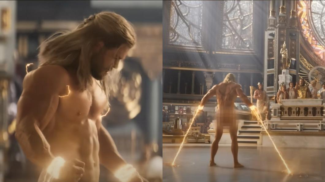 克里斯漢斯沃（Chris Hemsworth）全裸入鏡。（圖／翻攝《雷神索爾：愛與雷霆》預告）