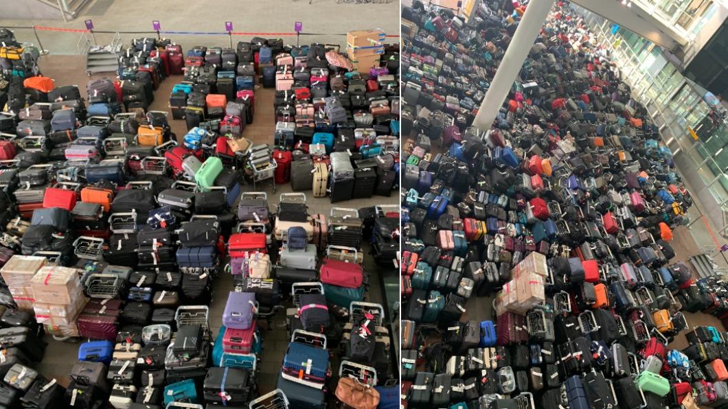 旅客的行李被放在機場航廈內。（圖／翻攝自 Stuart Dempster 推特 @StuDempster）