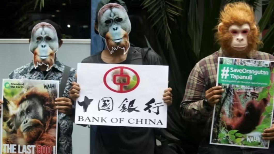 環保人士戴著印有塔巴努里猩猩的口罩，在印尼首都雅加達抗議。（圖／翻攝自 金融時報）