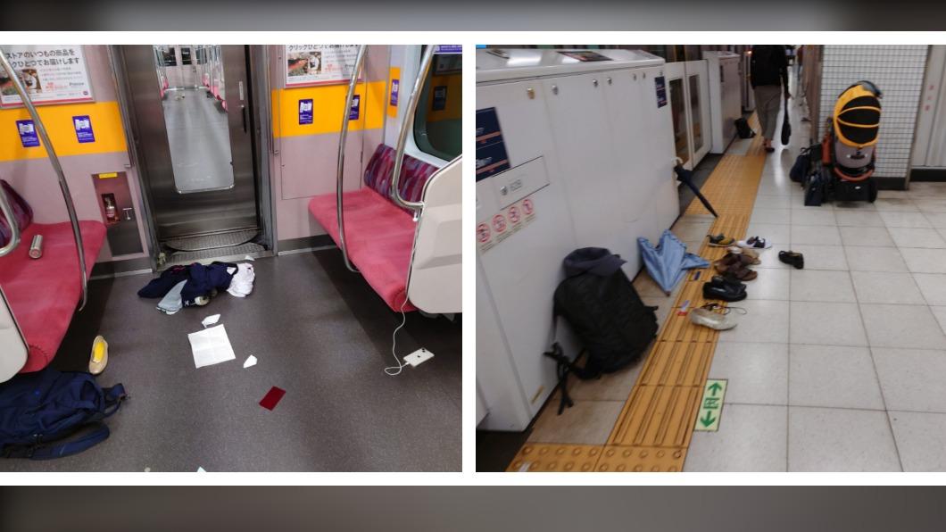 車廂內留下民眾逃竄後遺留的物品。（圖／翻攝自推特@ZERO_kimiiro） 東京地鐵男子失控咆哮！民眾嚇瘋逃竄　包包、鞋子散滿地