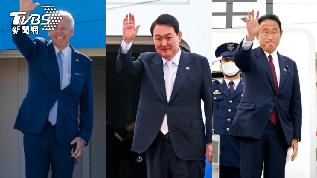 美國總統拜登、南韓總統尹錫悅、日本首相岸田文雄在西班牙舉辦3國領導人會談。（圖／達志影像美聯社）