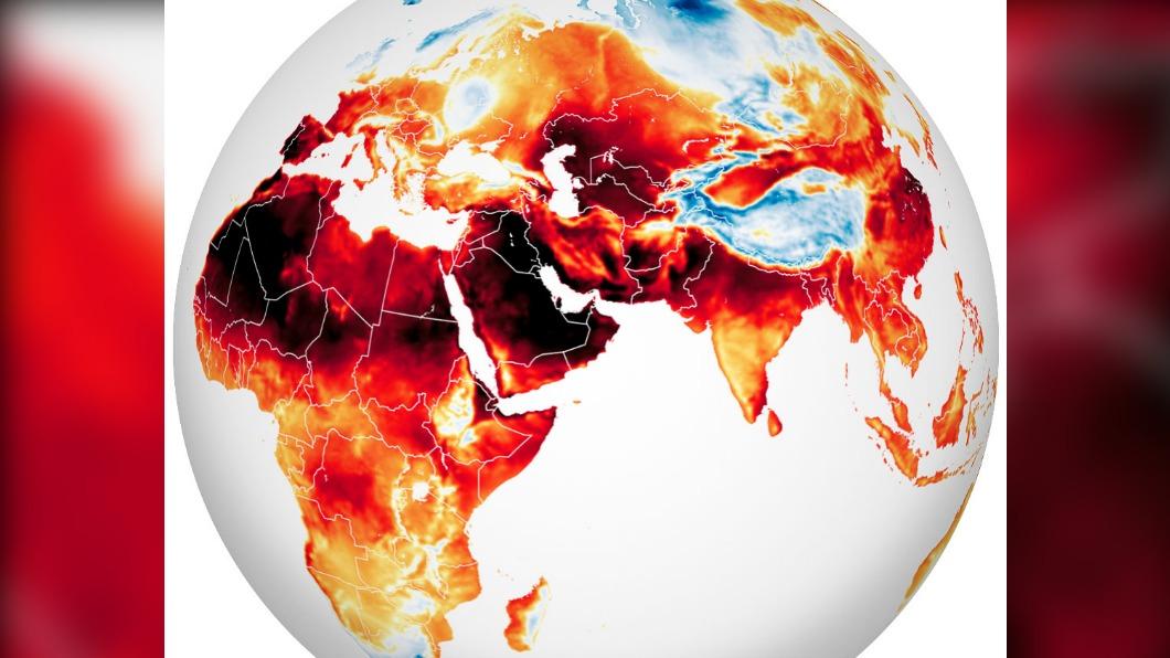 航太總署公布地表溫度圖，歐亞非多地呈現紅色高溫警戒。（圖／翻攝自航太總署）